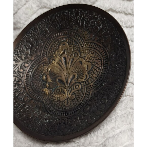 BEAUTIFUL Vintage 3pc BRONZE AntiqueBrass ETCHED 5"TrinketBox Lid 4"Saucer INDIA - Picture 16 of 16